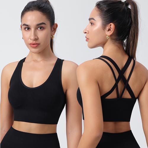 BLUELILY Sports Bra for Women Medium Support Criss Cross Strappy Bras Seamless Padded High Impact Yoga Athletic Exercise Bras2