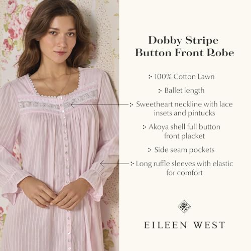 Image of Eileen West Sleepwear & Loungewear for Women - Dobby Stripe Collection - 100% Cotton Longsleeve Full-Length Robe Nightgown