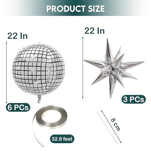 Image of Inflatable Disco Ball Balloons Pack of 9-22 inch Silver Mylar Foil Disco Party Balloons with Star Balloons, Ribbon & Pipe for New Year's Disco Ball Decorations Party, Bachelorette, Birthday Decor