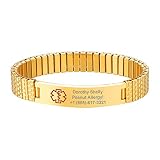 Custom4U Bracelet de Gravure Médical Réglable de Gravure du Bracelet d'urgence pour Les Hommes en Acier Inoxydable Bracelet Imperméable Plaqué Or