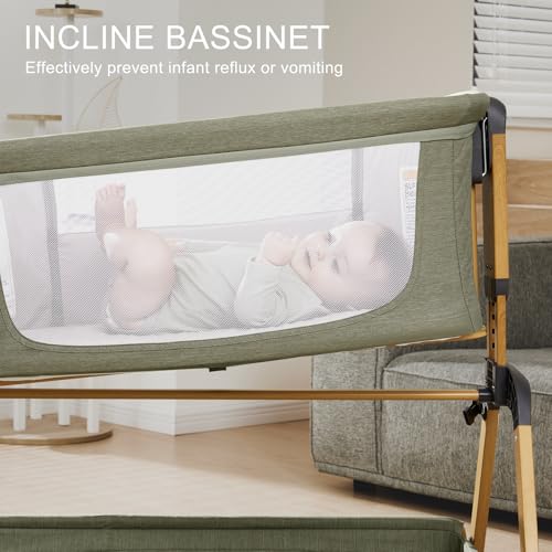 Jimglo 3 in 1 Baby Bassinet, Rocking Bassinets with Comfy Mattress and Wheels, Adjustable Height Bassinet Bedside Sleeper, Easy Folding Portable Crib for Newborn (Green)