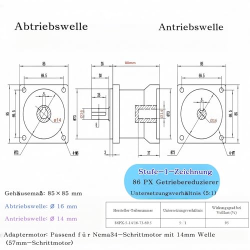 Nema34 Planetengetriebe Übersetzung 5:1 Übersetzungsverhältnis 3000RPM Getriebekopf für 14mm Nema 34 57mm Schrittmotor Getriebekasten zur Motorkraftverstärkung Untersetzungsgetriebe für CNC