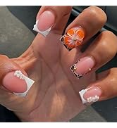 FORBELOVED NAILS,French Tip Leopard Press On Nails,Short Square Stick On Nails,Sparkly 3D Flower,...