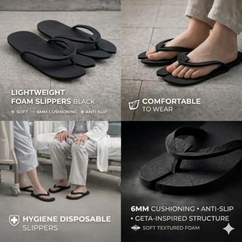 Image of CHITRA Spa & Hotel Free Size Flip-Flop Slippers with 5MM Sole | Comfortable, Disposable Slippers for Hotels, Spas, Guest Rooms & Travel - Black (Pack of 6)
