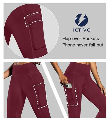 Fihapyli ICTIVE Women's Capris Yoga Pants with Pockets Running Pilates Fitness Running High Waisted Leggings Burgundy L — view 5