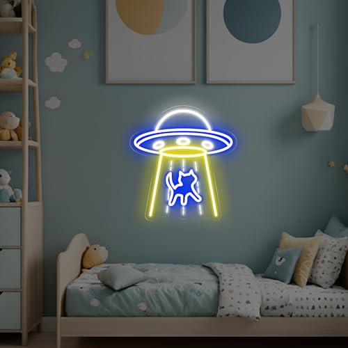 Image of UFO Neon Sign, UFO Cat Led Sign, Neon Led Wall Art, Game Room Neon Sign, Custom Neon Signs, Flying Saucer Bedroom Decor, Gift for Kids, 14 inchx13 inch