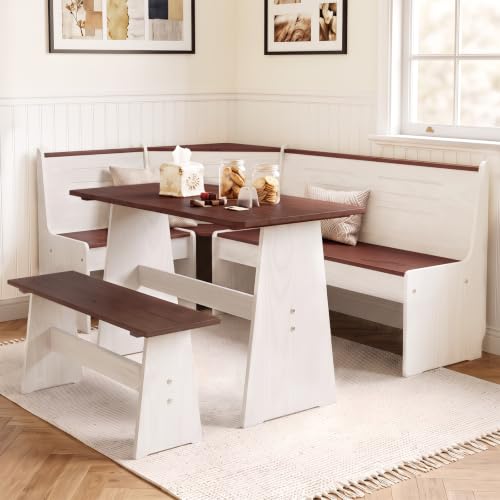 Image of Breakfast Nook Dining Table Set - Corner Dining Table Set for 4-6 People, Extra Long Solid Wood L Shaped Kitchen Nook Dining Set Space Saving Booth Seating with Bench for Small Spaces, White Brown