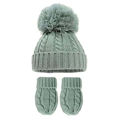 Royal Icon Baby Knitted Pom Pom Hat with Mittens Baby Boys Girls Winter Hat Mittens Set Cable Knit Single Pom Pom Bubble Hat Colours Available NB-12 Months RI6512 (Sage Green) Cover