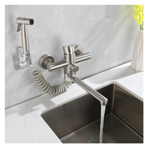 Grifo mezclador de cocina cepillado con rociador orientable de pared 3