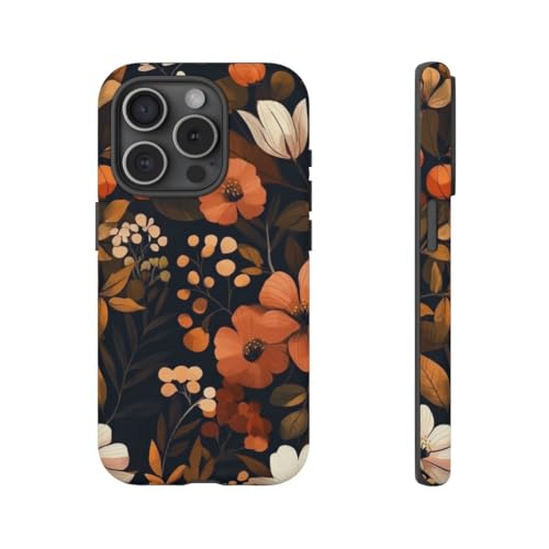 Coque rigide mate iPhone 15 Pro motif floral d'automne marron finition premium