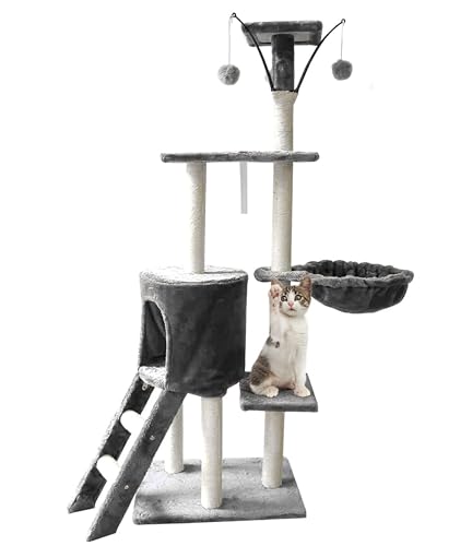 Raganet, Árbol Trepador y Rascador para Gatos, Torre de Actividades de Varios Niveles, Castillo con Escaleras, Hamaca, Cubiertas de Felpa, Seguro y Duradero de 140cm Alto X 50cm Largo (Gris)