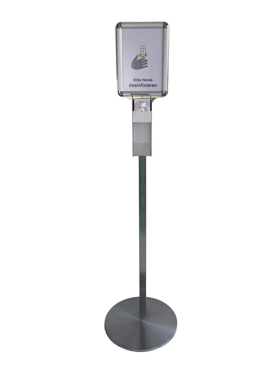Hygienestation HS-600 mit Schild für Desinfektionsmittel | 500ml Behälter | Sockel Edelstahl verkleidet