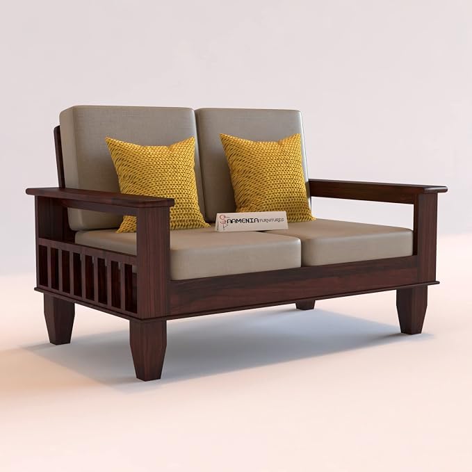 Image of Sheesham Wooden 2 Seater Sofa for Living Room | Rosewood 2 Seater Cushion Sofa with Side Newspaper Holder for Home & Office | Solid Wood Sofa Set for Lounge (Mahogany)