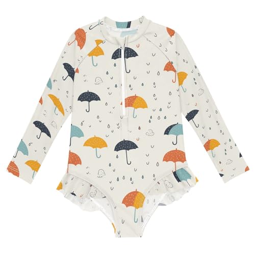 Girls Swimsuit Cute Umbrella Rain Long Sleeve One Piece Bathing Suit for Kids UPF 50+ Rash Guard Swimwear 3-12