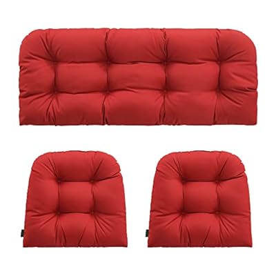 YOOZEKU Outdoor/Indoor All Weather Tufted Wicker Chair Cushions of 3 Pieces, 1 Loveseat and 2 U-Shape Waterproof Cushions for Patio Furniture,Wicker Loveseat,Bench-Red