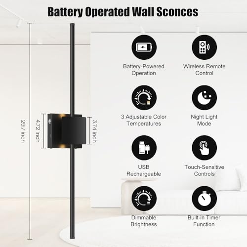 Image of Battery Operated Wall Sconces Set of Two, Dimable Wireless Rechargeable Wall Sconce with Remote Control, 29In 8000mAh 320 DIY Rotatable Modern Decor Lights, Black Wall Lamps for Living Room Bedroom