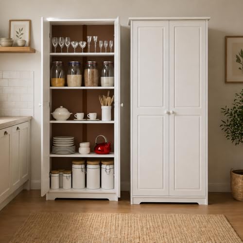 From the Tree Furniture Solid Pine Pantry Cabinet — 72' Tall White Kitchen Storage, Adjustable Shelves, Free-Standing Organizer for Pantry, Laundry or Garage