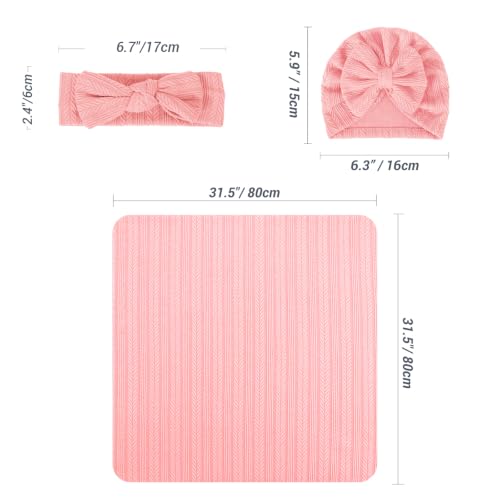 Image of AQOKKA Baby Swaddle Blankets with Bow Hat Headband Set Wheat-Pattern Infant Receiving Blankets Swaddles for Newborns Unisex Toddler Swaddle Wrap Sets for Baby Girls Boys Nursery Warm Shower Gift