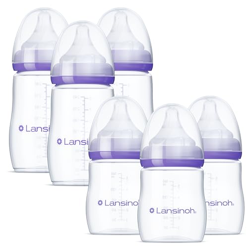 Image of Lansinoh Anti-Colic Baby Bottles for Feeding Babies, 3 Count Each of 5 Ounces and 8 Ounces, 6 Bottles Total, Includes 3 Medium Flow Nipples (Size M) and 3 Slow Flow Nipples (Size S)