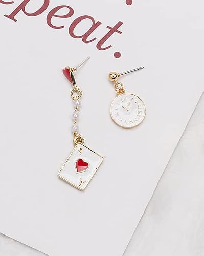 Asymmetric Clock Poker Dangle Earrings Playing Cards Stud Earrings Red Hearts A Dangle Earrings Alarm Clock Drop Stud Earrings For Women Girls Unique Jewelry Gift (White) #TOP1