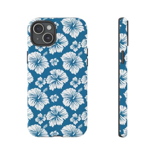 Coque iPhone 15 Plus motif floral hawaïen blanc et bleu rigide brillante