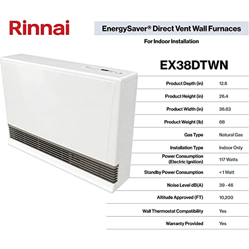 Rinnai Ex38Dtwn Direct Vent Wall Furnace, Indoor Natural Gas Heater, Energy Efficient Space Heater, 38,000 Btu, White #TOP4