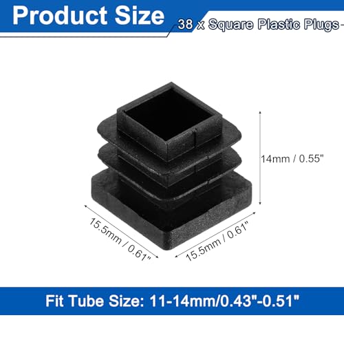 Image of uxcell 38Pcs Square Plastic Plugs, 15.5 x 15.5mm /0.61 x 0.61inch PE Pipe Tubing End Caps for 11-13mm /0.43-0.51inch Square Tube Furniture Chair Leg, Black