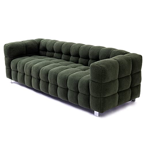 Image of Dolonm Modern Sofa Couch with Metal Legs Upholstered Tufted 3 Seater Couch with 2 Pillows Decor Furniture for Living Room, Bedroom, Office, 80 Inch Wide(Green-Teddy)