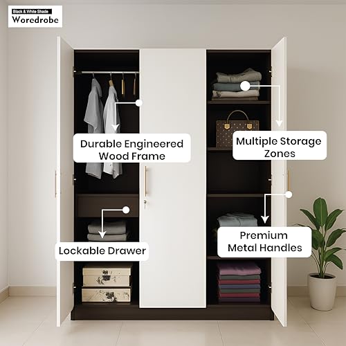 Image of Callas 3 Door Wooden Wardrobe for Bedroom | Engineered Wood Almirah with Hanging Rod, Lockable Door & Drawer, |1 Year Warranty with Free Installation