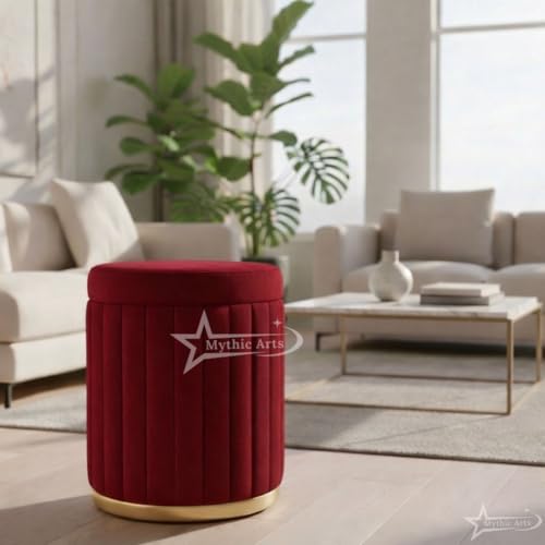 Image of Round Strip Stool with Cushion Foot Rest Office Stool Pouf Ottoman Padded Seat in Living Room - RED