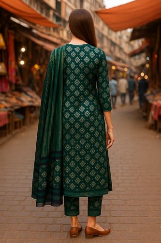 Image of Yashika Women's Cotton Blend Printed Kurta with Pant & Dupatta| Kurta with Pants and Dupatta Set