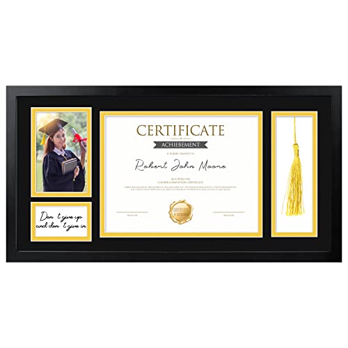 AUEAR、11x22 木製卒業証書フレーム タッセルホルダー付き 8.5x11 ドキュメント/証明書用 ダブルマット付き (ブラックオーバーゴールドリム) シャドーボックス 本物のガラス ブラック