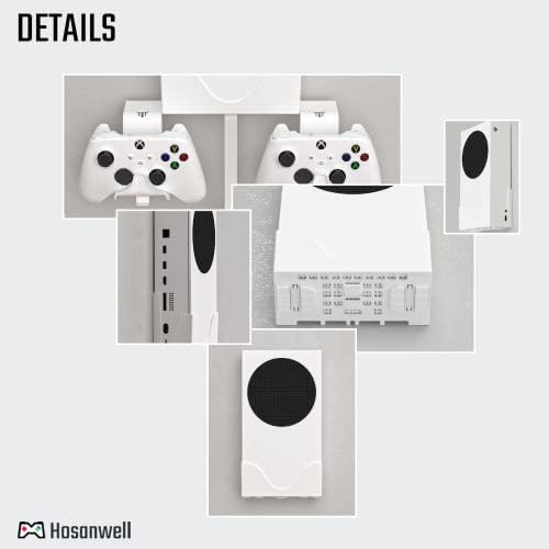 Hosanwell XBOX Series S Wall Mount Bracket 4 in 1 Bundle Set, Dual Controller Holder & Headphone Hanger, Heat Dissipation, Comes with Non-Slip Mat, Cable Charging Notch, Easy Installation