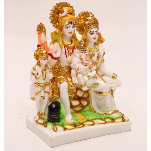 Image of Gold Plated Shiv Parivar Murti Marble Dust Statue for Home Mandir Pooja Room Office Gift | Shiv Parvati Shiva Family Idol Kartikey Statue Standard Size- Multicolor (8 Inch (20cm))