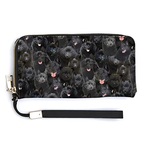 Schipperke Dog Print Wallets for Women Men, Funny Black Dogs Pattern Leather Zipper Card Holder Coin Purse, Gift for Schipperke Dog Lover/Pet Owner/Dog Dad Mom