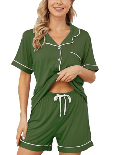 Image of Womens Pajama Sets Short Sleeve Sleepwear Soft Button Down Nightwear Lounge Pj Set XS-XXL