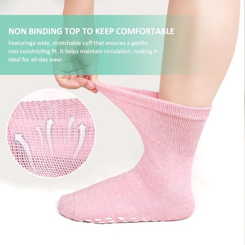 Image of CaiDieNu Non Slip Socks for Women: Non Skid Grip Socks for Elderly Hospital | Non Binding Grippy Crew Slipper Socks for Pregnant & Daily Wear, Wide Grippers Prevent Falls, Great Gifts for Seniors 5 Pairs