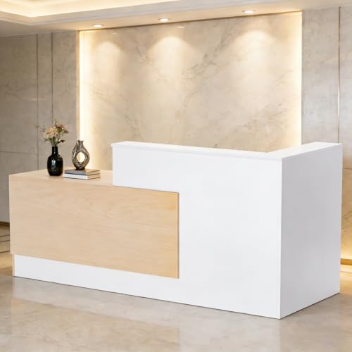 Gaonala L-förmiger Empfangstisch mit Tastaturschublade Empfangstheke Empfangstresen mit Schublade und offenen Regalen Moderne Rezeptionstisch aus Holz Rezeptionstheke für Büro 180X107X104CM Weiß