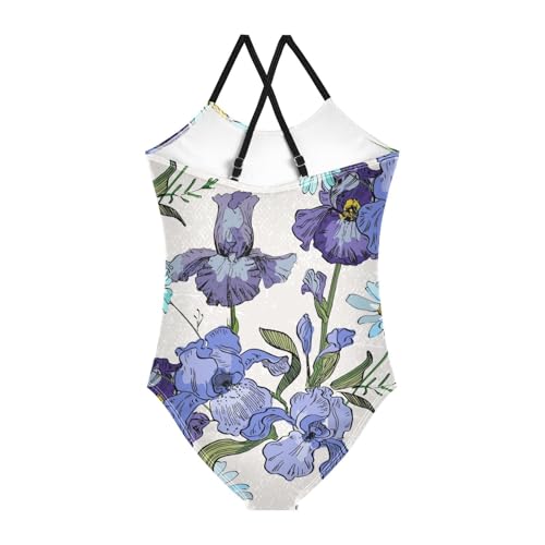 Girls One Piece Swimsuits Irises and Daisies Pattern Sport Halter Swimwear Beach Bathing Suit, 4T2