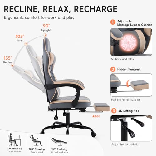 Image of Gaming Desk Chair for Adults, Ergonomic Gaming Chair with Footrest & Headrest and Lumbar Support, Leather Material Height Adjustable Computer Video Game Chairs (Beige+Blue)