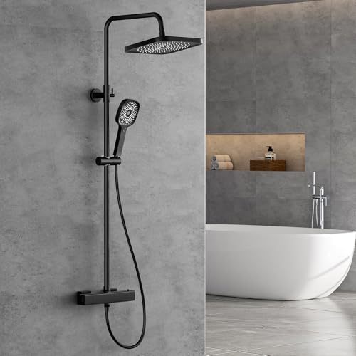 FORIOUS Colonne de Douche Thermostatique, Ensemble de Mitigeur Douche en Acier Inoxydable avecDouche Plafond Carrée de 25 cm, Douchette à Main avec 3 Types de Jets, Barre deDouche à Hauteur Réglable