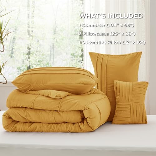 Image of Bedsure California King Comforter Set - 4 Pieces Pinch Pleat Bed Set, Mustard Yellow Boho Bedding for All Season, 1 Soft Comforter, 2 Pillowcases, 1 Decorative Pillow
