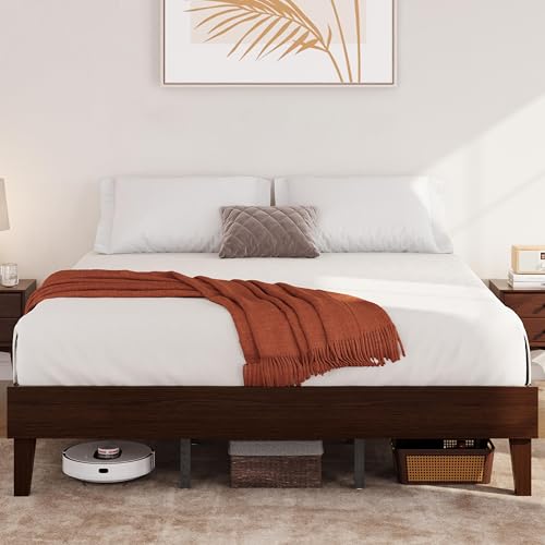 Yaheetech King Bed Frame Natural Solid Wood Platform Bed with Wooden Slats Support, 12-inch Underbed Space for Storage, Noise-Free Design, Easy Assembly, Dark Walnut Finish