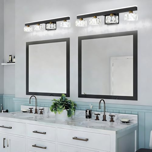 Image of Black Crystal Bathroom Vanity Light Fixtures Over Mirror for Bathroom Lighting (4 Lights)