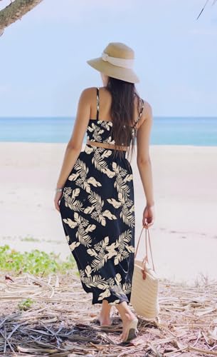 Image of Women Sexy 2 Piece Outfits Dress Chiffon Strap Deep V Neck Bra Crop Top High Split Maxi Dresses Skirt Set