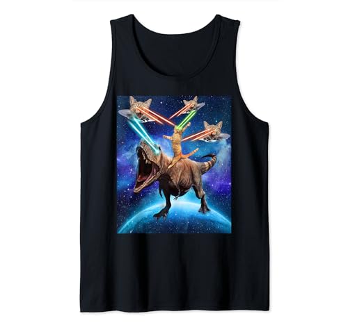 Space Cat Riding Dinosaur T rex Laser Eyes UFO Funny Cats Tank Top