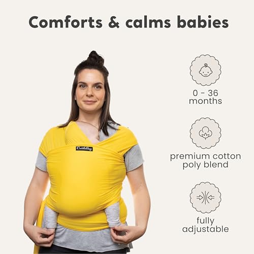 Image of CuddleBug Baby Wraps Carrier 7-35 lbs - Breathable Baby Carrier Newborn to Toddler - Soft Stretchy Baby Sling Carrier for Hands-Free Comfort, Hip Healthy Support & Bonding (Yellow)