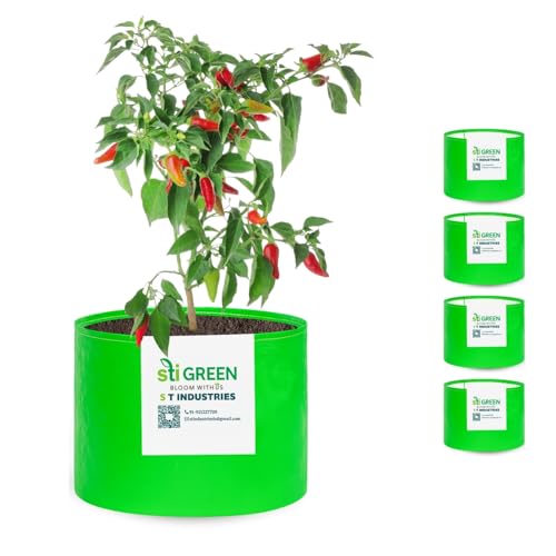 Image of HDPE Grow Bags for Plants 15X9 Inch (Pack of 5) | 260 GSM Heavy Duty UV-Protected Round Green Colour Plant Bags for Terrace and Vegetable Gardening | Strong & Reusable|