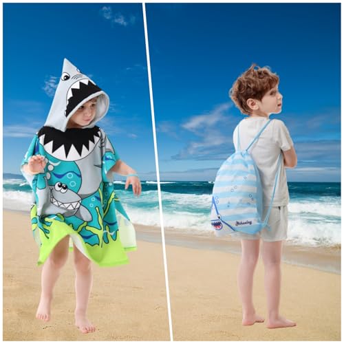 Image of Wearable Hooded Towel for Kids Toddlers Bath Pool Beach Boy Girl Swim Poncho Cover-ups, Shark Theme with Bag