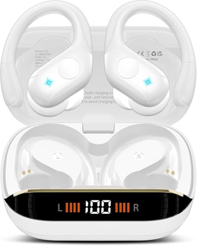 Image of Qecnato Bluetooth 5.4 Headphones 75H Stereo Deep Bass Sports Over Ear Buds with Earhooks, LED Display Bluetooth Earbuds, IP7 Waterproof Earphone, White